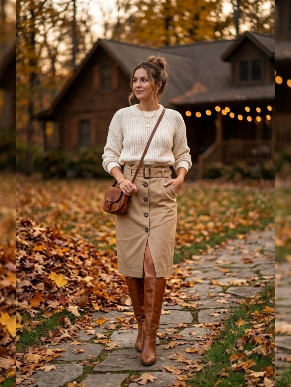 High-Waist Button-Front Tan Midi Skirt